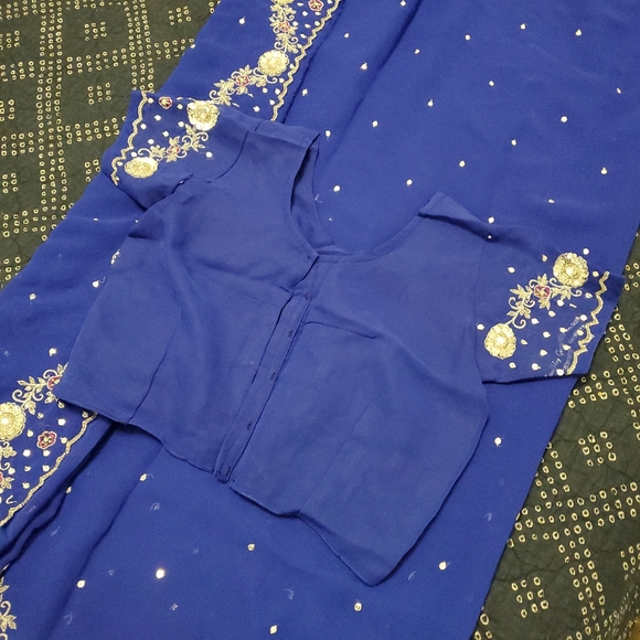 Blue Silver Rhinestone Beaded Saree Sequin bridal wedding sari Party Indian - Picture 3 of 5